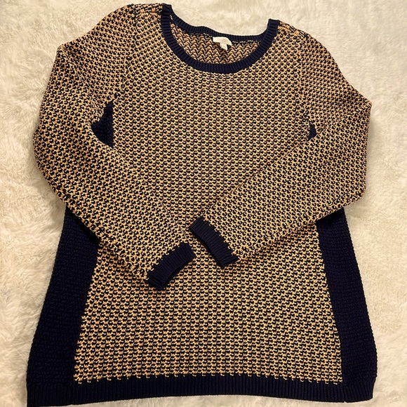TALBOTS Basketweave Sweater M Petite Open Knit Cotton Navy Camel Neutral Classic - Picture 5 of 17